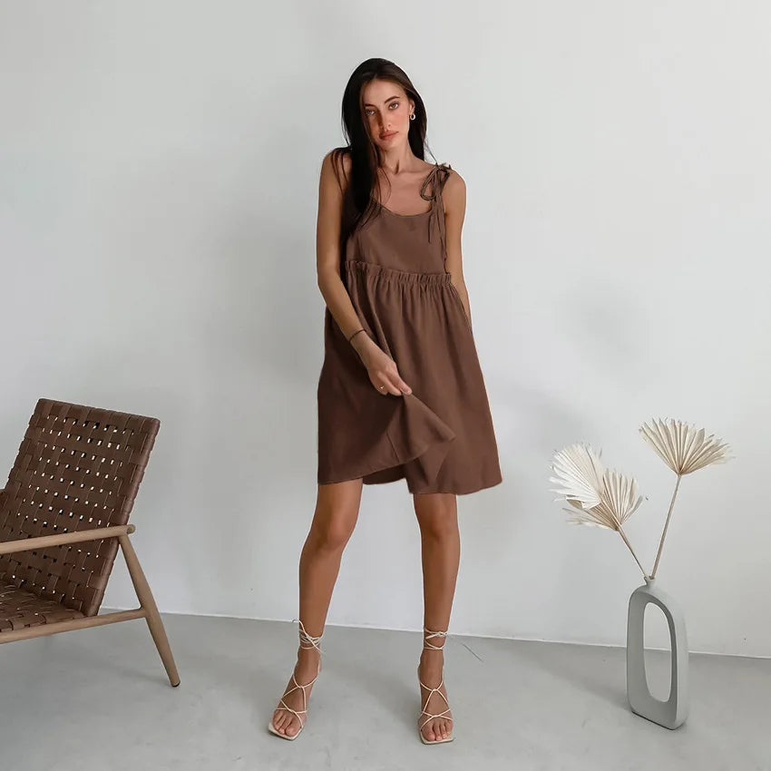 Solid Color Leace-up Spaghetti Strap Dresses Women Fashion Folds A-line Mini Dress Temperament Lady Commuting Short Vestidos New