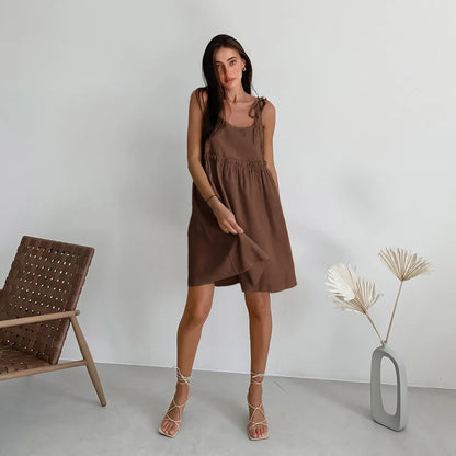Solid Color Leace-up Spaghetti Strap Dresses Women Fashion Folds A-line Mini Dress Temperament Lady Commuting Short Vestidos New