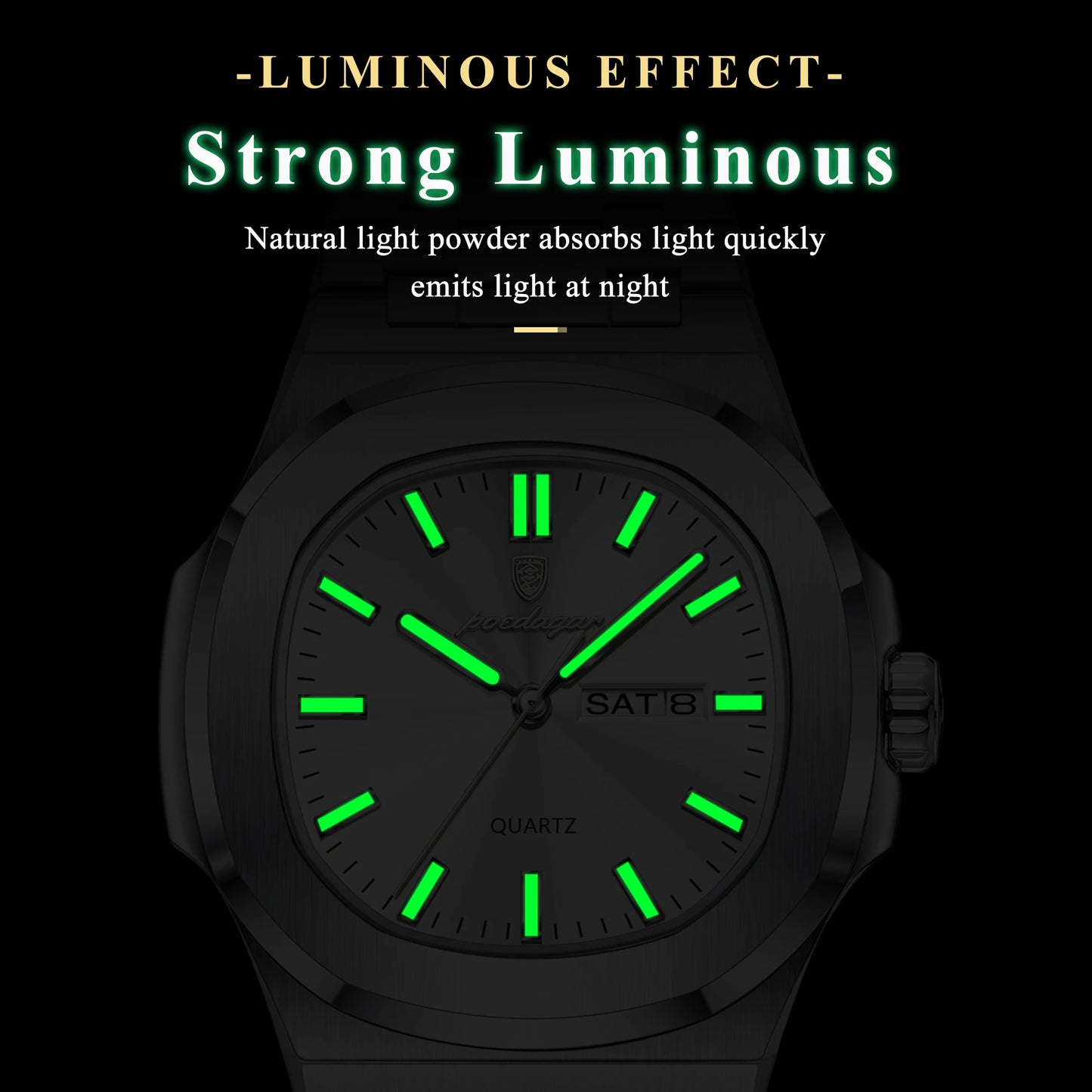 POEDAGAR Classic Square Men Wristwatch Waterproof Luminous Date Week Casual Man Clock Stainless Steel Men's Quartz Watches Reloj