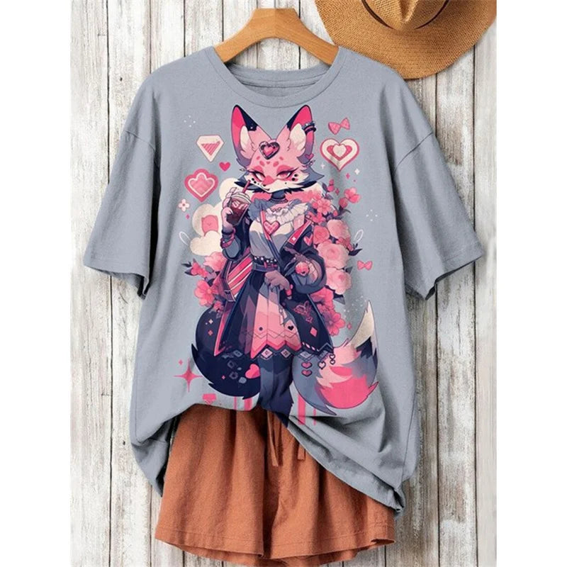 3D Printed Fashion Cat T Shirt For Women Japanese Cartoon Pattern Short Sleeves Summer Casual O-Neck Tops Tees Harajuku T-Shirts