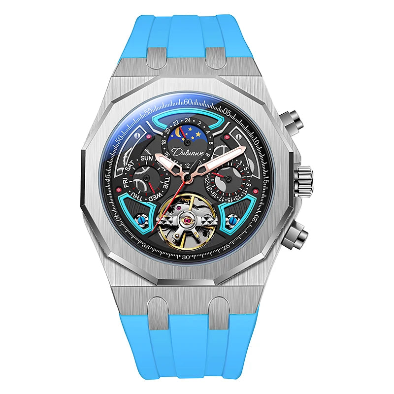 Luxury Tourbillon Watches Men Fashion Sport Rubber Strap Moon Phase Date Waterproof Automatic Mechanical Wrist Watch Man Reloj