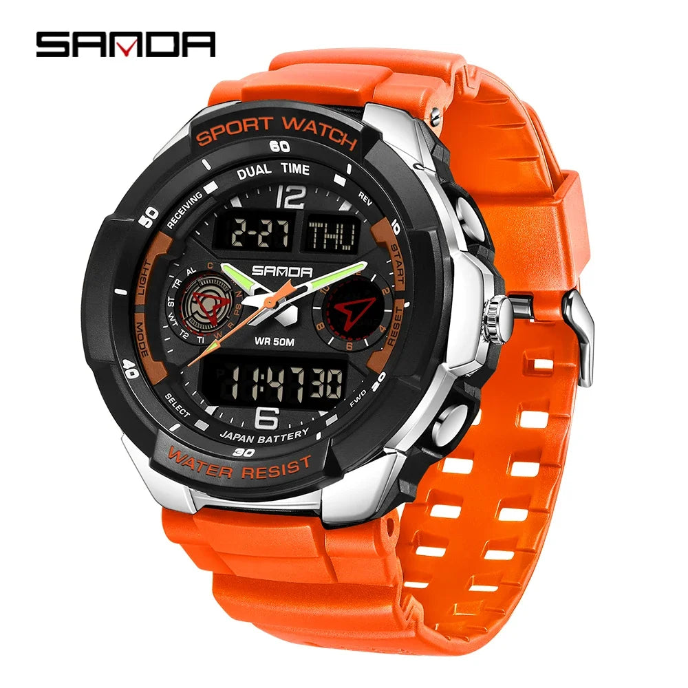 SANDA 6197 Top Class Men's Korean Student Electronic Watch Sports Multi functional Alarm Clock Waterproof Men's Watches 2024