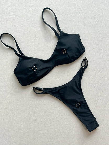Metal Ring Mini Micro Thong Bikini Women Swimwear Female Swimsuit Two-pieces Bikini set Padded Bather Bathing Suit Swim V7513