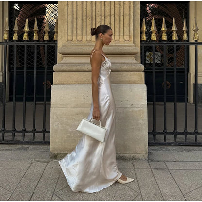 Lace Patchwork Sling Maxi Dress Women Sexy Solid V-neck Sleeveless Backless Satin Slim Long Gown Lady Chic Evening Party Dresses