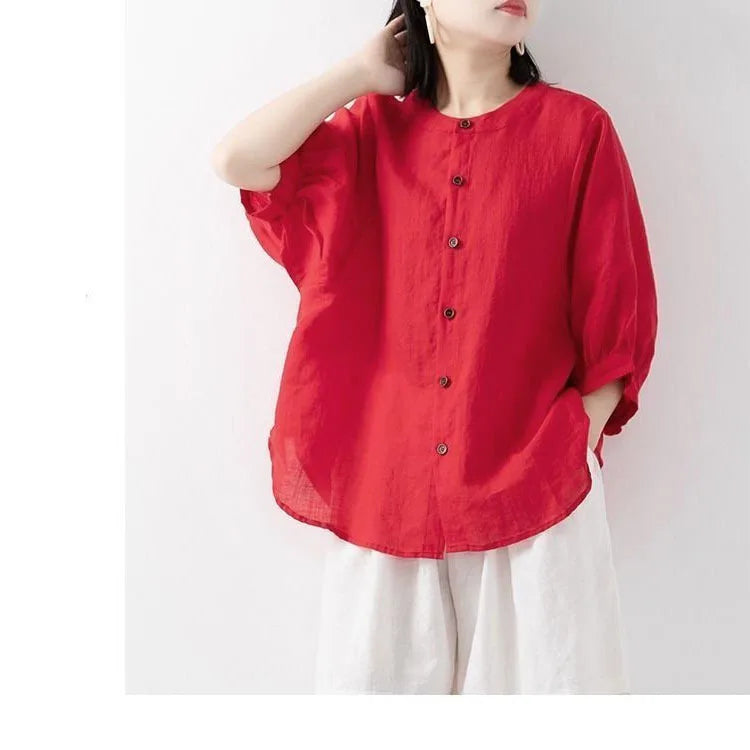 Cotton and linen shirt women's spring and summer thin solid color lantern sleeve stand collar top loose large size shirt