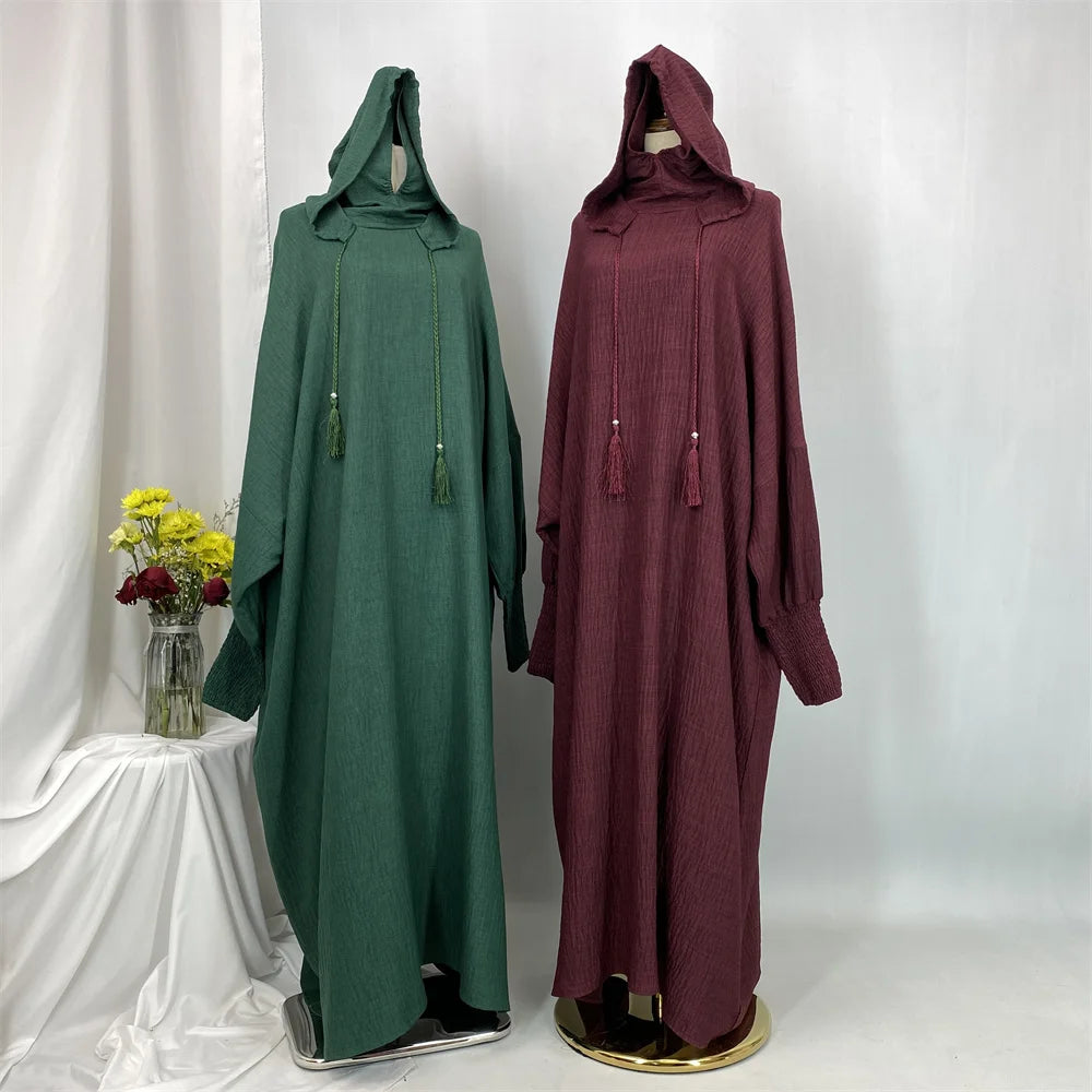 Hot Seller Ramadan Islamic Clothing Wrinkle Polyester Hoodie Abaya Dress With Undercap Muslim Women Abaya Hoodie Causal Dresses