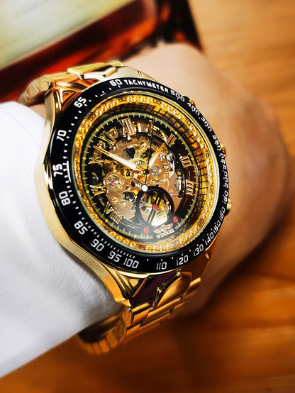 WINNER Gold Transparent Skeleton Automatic Watch for Men Luminous Pointers Luxury Brand Stainless Steel Strap Mechanical Watches