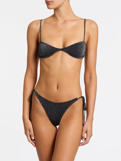 String Black Shiny Swimsuit With Ties 2025 Bikini Sexy Swimwear Women Bathing Suit Brazilian Bikini Solid Color Beachwear
