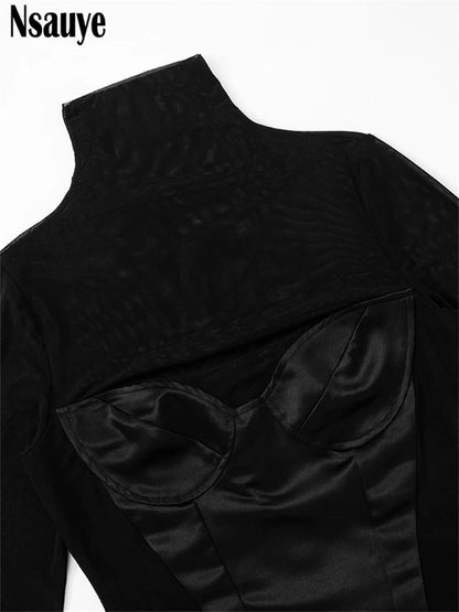 Nsauye Pullover Sexy Women Mesh Turtleneck Long Sleeve Satin Cut Out Dress Bodycon Short Club Evening Fashion Party Dress 2024