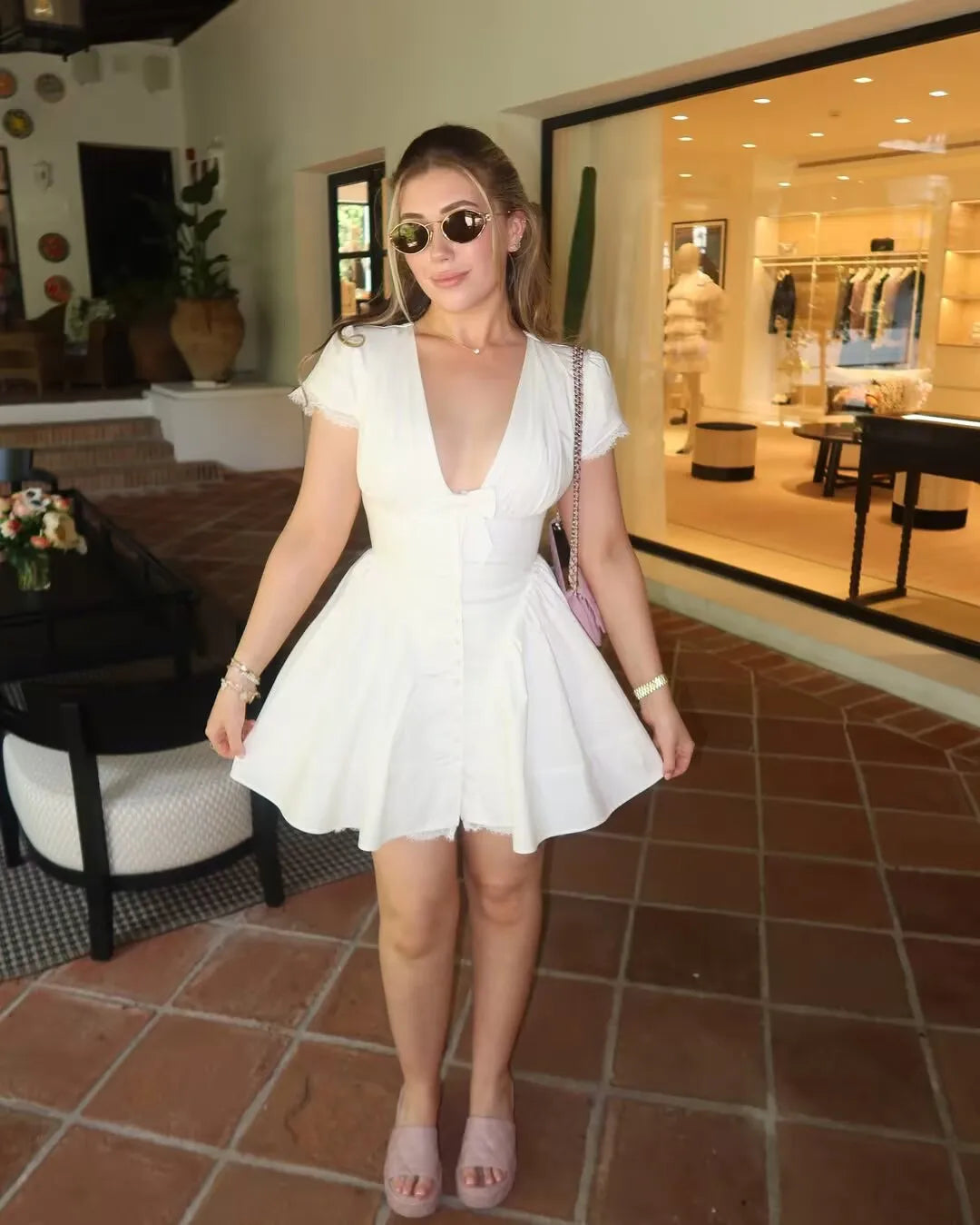 YENKYE Sweet Cute White Mini Dress For Pretty Girl Elegant A-line Bow V Neck Summer Dresses Party Robe Vacation Vestidos 2025
