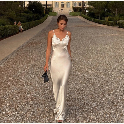Lace Patchwork Sling Maxi Dress Women Sexy Solid V-neck Sleeveless Backless Satin Slim Long Gown Lady Chic Evening Party Dresses