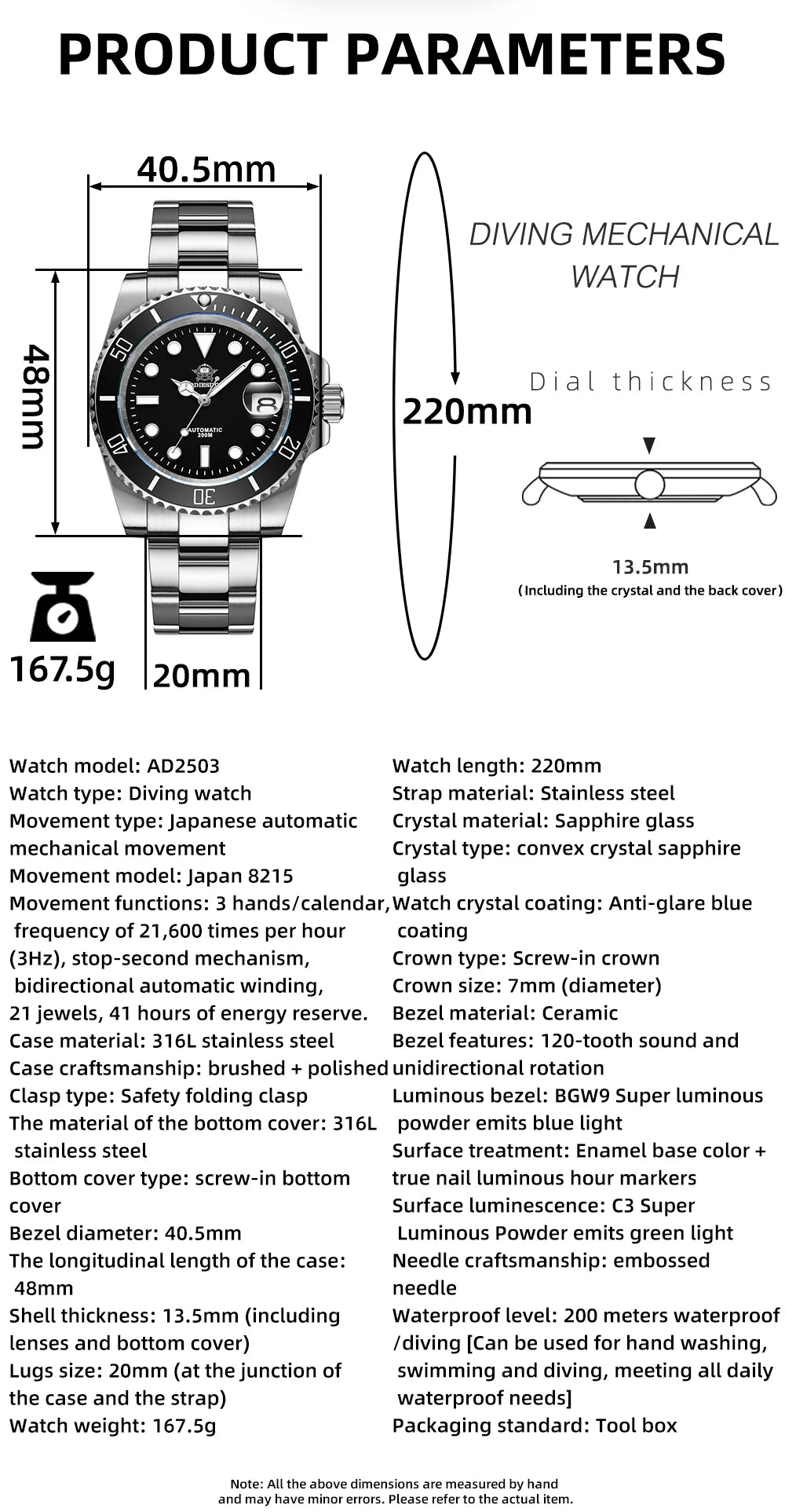 ADDIESDIVE AD2503 Luxury Men Automatic Watch 8215 Movement Sapphire Glass Diving Watches 200M Waterproof Mechanical reloj hombre