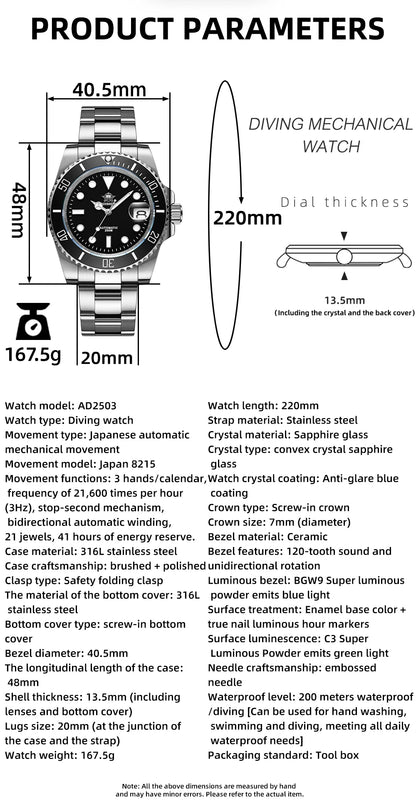 ADDIESDIVE AD2503 Luxury Men Automatic Watch 8215 Movement Sapphire Glass Diving Watches 200M Waterproof Mechanical reloj hombre