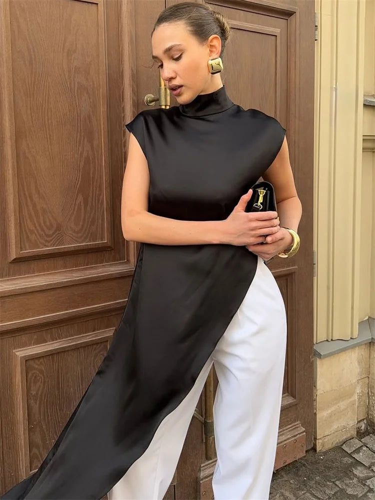 Tossy Casual Sleeveless Satin Maxi Dress Female Turtleneck Patchwork Slim Fashion Solid Commute Dress For Women Long Dress 2025