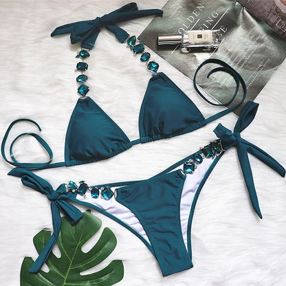 2026 Shiny Rhinestone Diamond Bikini Women Swimsuit Female Swimwear Two Pieces Bikini Set Halter Metal Chains Bathing Suit Swim