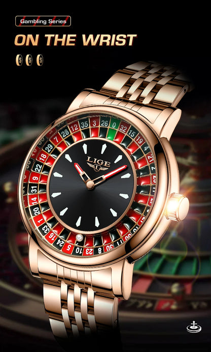 LIGE Quartz Man Watch Fashion Luxury Creative Roulette Game Dial Design Leather Casual Life Waterproof Watches for Men Gifts+Box