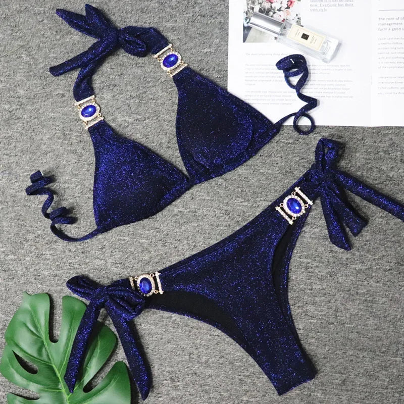 2026 Shiny Rhinestone Diamond Bikini Women Swimsuit Female Swimwear Two Pieces Bikini Set Halter Metal Chains Bathing Suit Swim