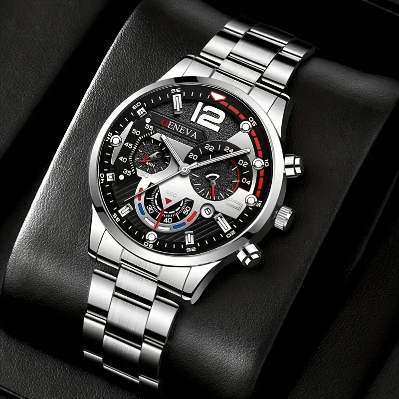 4pcs Fashion Men's Quartz Watch Set Decorative Three-eye Dial Men Business Watches Reloj Hombre（Without Box）