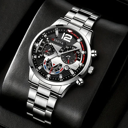 4pcs Fashion Men's Quartz Watch Set Decorative Three-eye Dial Men Business Watches Reloj Hombre（Without Box）
