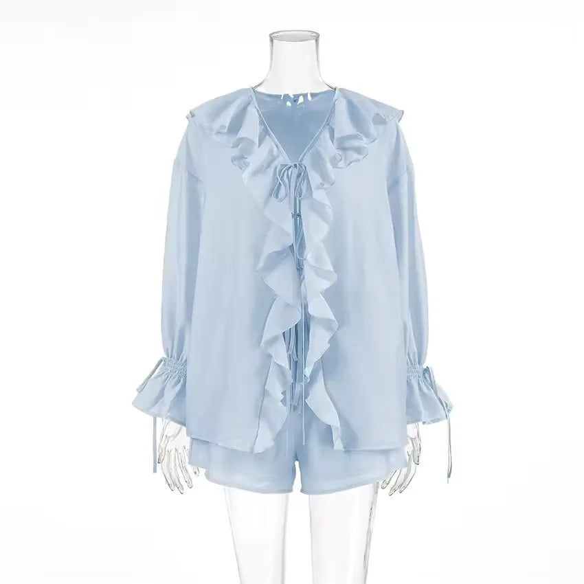 Casual Ruffled Shirt Shorts 2-Piece Set Women V Neck Flare Sleeve Lace-up Loose Blouse Shorts Suit Summer Beach Vacation Outfits