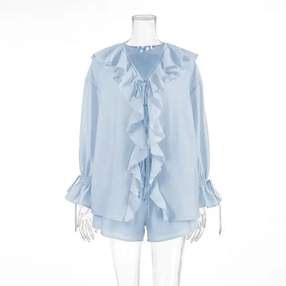 Casual Ruffled Shirt Shorts 2-Piece Set Women V Neck Flare Sleeve Lace-up Loose Blouse Shorts Suit Summer Beach Vacation Outfits