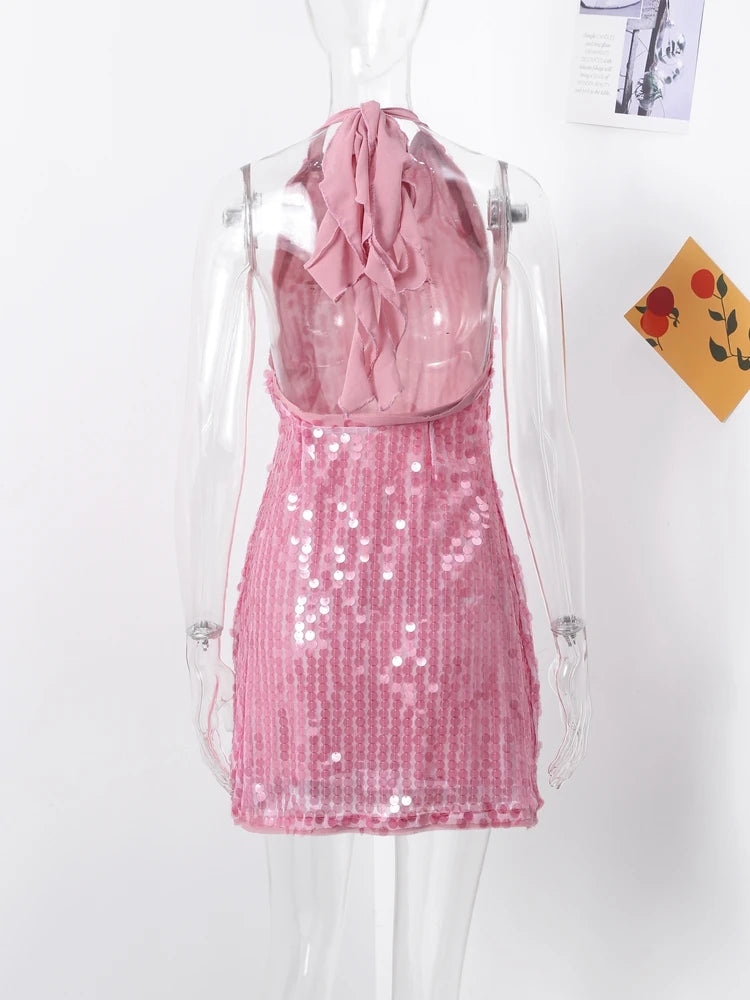 Halter Collar Bead Dress Sequin Glitter Lace Up Hanging Neck Fashion Sexy Backless Socialite Party Gown Pink Beach Short Dresses