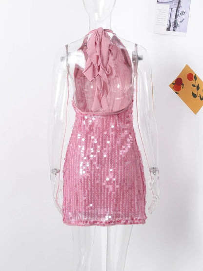 Halter Collar Bead Dress Sequin Glitter Lace Up Hanging Neck Fashion Sexy Backless Socialite Party Gown Pink Beach Short Dresses