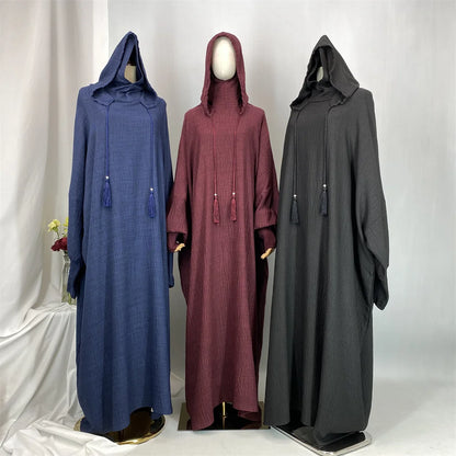 Hot Seller Ramadan Islamic Clothing Wrinkle Polyester Hoodie Abaya Dress With Undercap Muslim Women Abaya Hoodie Causal Dresses