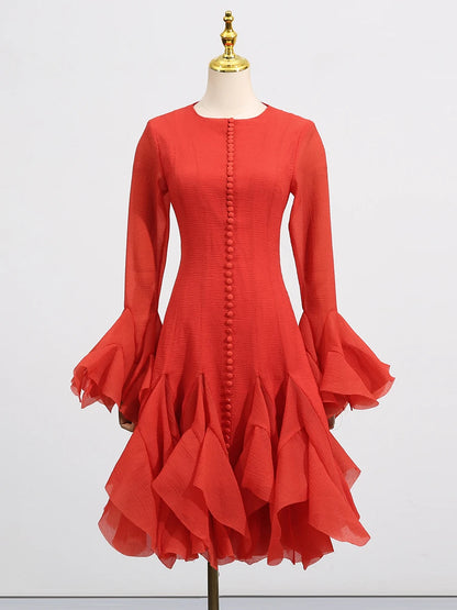 VGH Sweet Ruffles Elegant Knee Length Dresses for Women Round Neck Flare Sleeve High Waist Spliced Button  A Line Dress Female