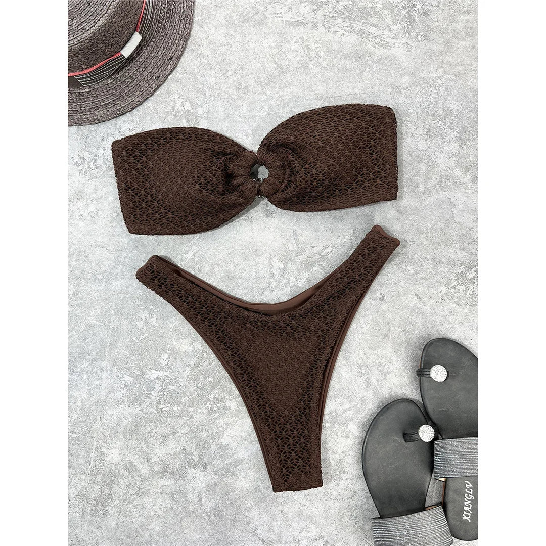 Wrinkled Bandeau High Cut Bikini Women Swimwear Female Swimsuit Two-pieces Bikini set Strapless Bather Bathing Suit Swim V3367