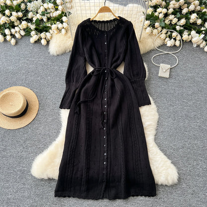 Women's Solid Single Breasted Hollow Out Knit Lace-up Dress Autumn Fashion Round Neck Elegant Festival Sweater Long Dresses 2024