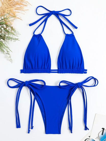 2025 Sexy Solid Bandage Bikini Halter Strappy Swimwear Women Swimsuit Female Two Pieces Bikini Set Low Waist Bathing Suit Bather
