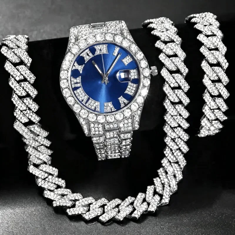 3/4PCS Hip Hop Iced Out Men's Watch Jewelry Set Luxury Rhinestone Quartz Wristwatch Cuban Link Chain Accessories（Without Box）
