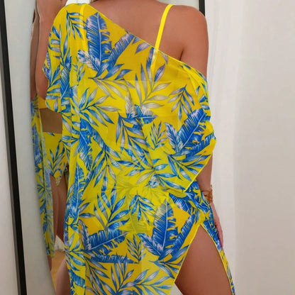 High Waist Leaf Print Bikini Swimsuit with Net Cover up Slimming Design Cross-Border New Style Women's Fashion Swimwear