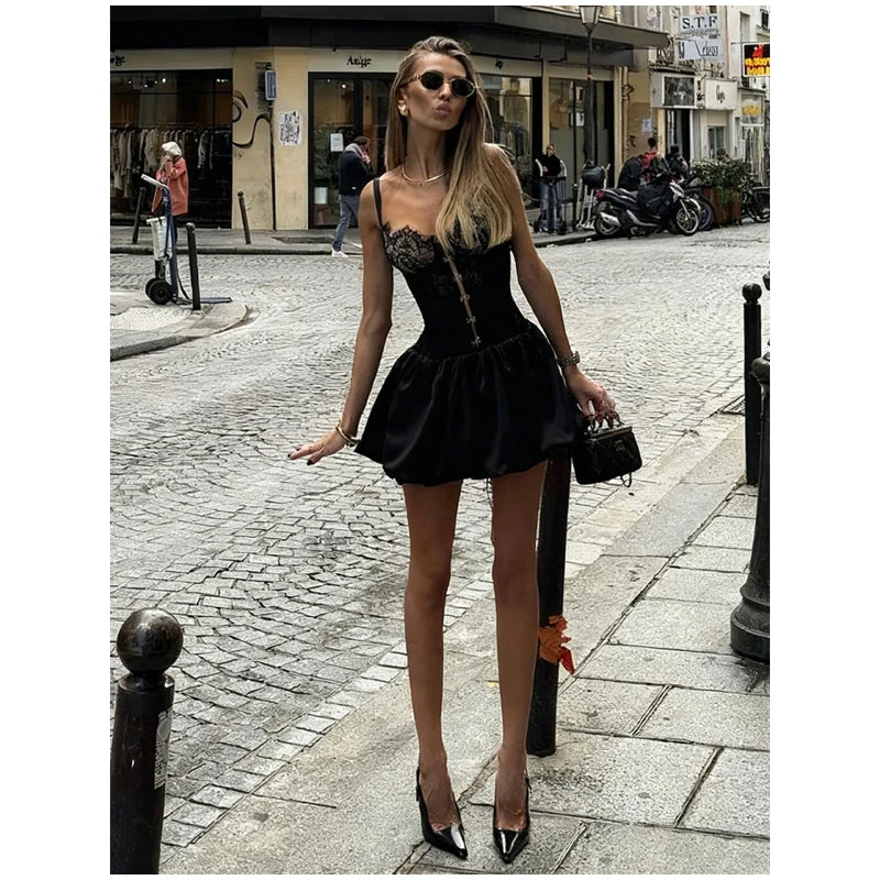 Lace Patchwork Corset Sling Dress Women Sexy Sleeveless Off-shoulder High Waist Slim Mini Dresses 2026 Lady Evening Party Gowns