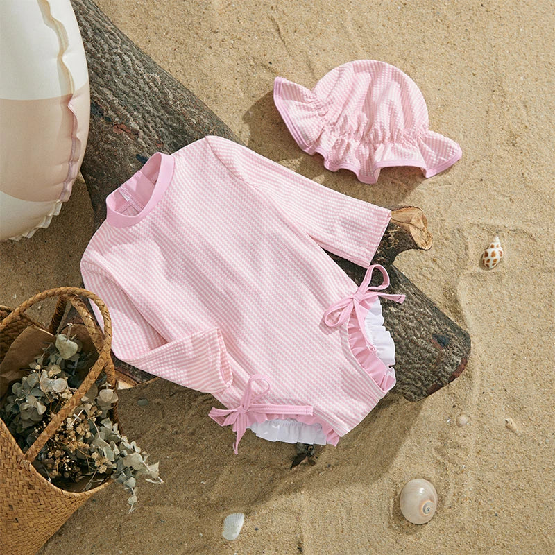MISOWMNJOY Infant Baby Girls Summer Swimsuit with Hat Toddler Striped Long Sleeve Zipper Bathing Suit Children Beach Swimwear