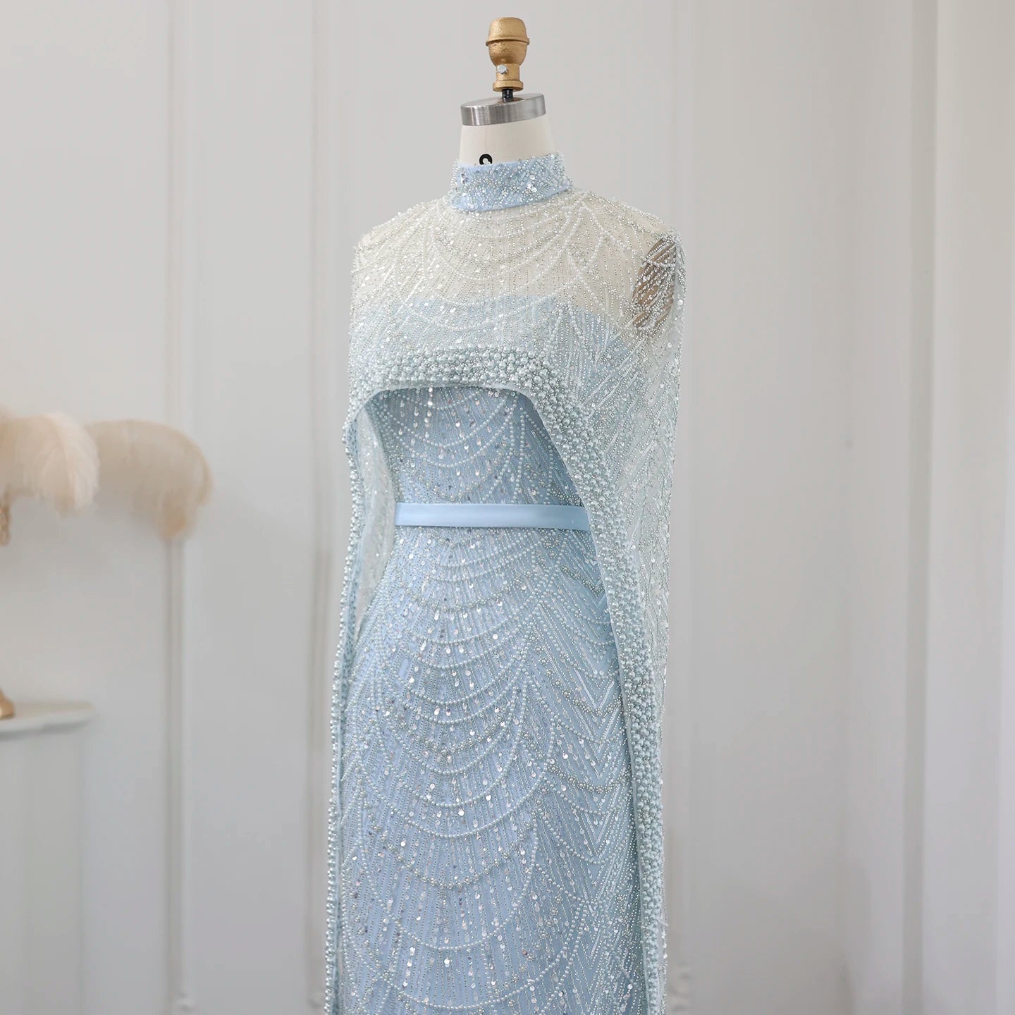 Sharon Said Luxury Pearls Dubai Champagne Evening Dresses with Cape New Arabic Women Mermaid Wedding Party Prom Dress SS369