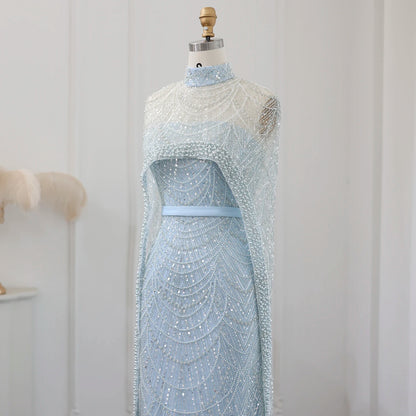 Sharon Said Luxury Pearls Dubai Champagne Evening Dresses with Cape New Arabic Women Mermaid Wedding Party Prom Dress SS369