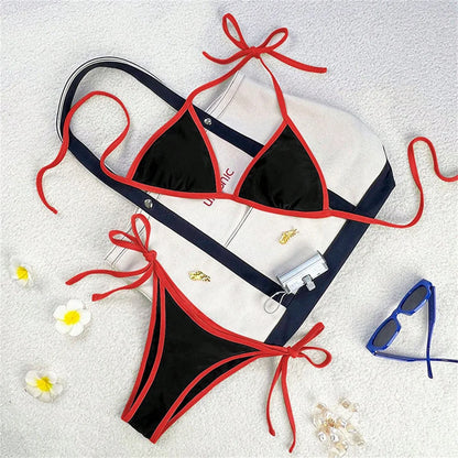 Vintage Blue Bikinis Set Triangle Border String Swimsuit Push Up Swimwear Backless Extrem Bikini Women Beach Outfit Bathing Suit