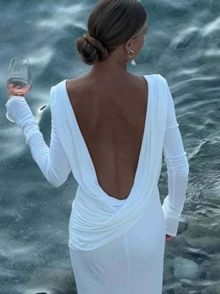 Chic Backless White Long Sleeved Slim Fit Dress for Women Pleated Elegant Round Neck Long Dresses 2024 New Female Evening Gowns