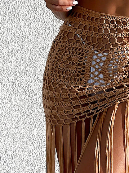 Crochet Tassel Bikini Cover Up Dress Beach Wear Women Tie Up Bather Bathing Suit Tassel Long Skirt Swimsuit Cover Up Beach Dress