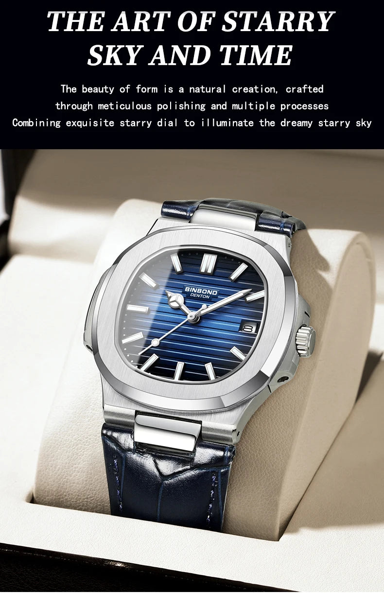 BINBOND precise quartz wristwatches for men luxury luminous waterproof auto date leather strap durabble men's watch casual reloj