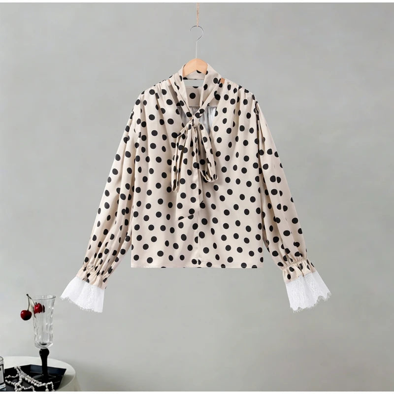 Satin Polka Dots V Neck Maxi Dress Suit Women Elegant Ribbon Full Sleeve Blouse Waist Cinching Long Skirt 2026 Lady Party Outfit