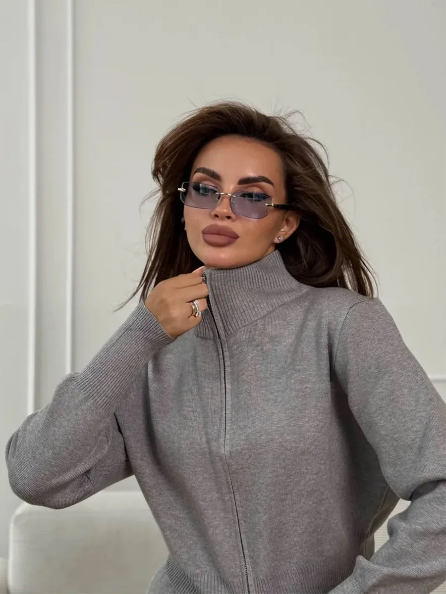 Blubelle Women's New Autumn Winter Zip Up Knit Set Trendy Slim Fit Cardigan Pants Chic Commuting Sweater Outfit