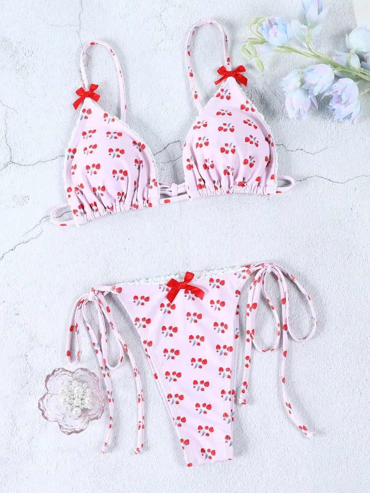 Triangle Bikinis Bow Swimsuit Women Sexy Swimwear Bandage Bikini Set Summer Biquini Female Beachwear Low Waist Thong Swimsuits