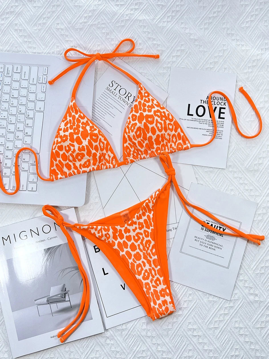 Sexy Leopard Micro Bikini 2025 Women Swimsuit Female Swimwear Thong Bikinis Set Brazilian Halter Beach Wear Lace Up Bathing Suit