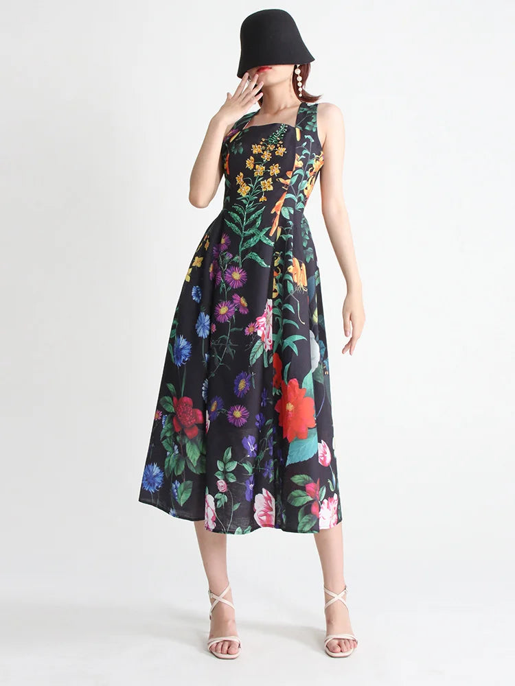 TWOTWINSTYLE Summer Loose Dress For Women Square Collar Sleeveless High Waist Print Colorblock Midi Dresses Female Clothing 2022