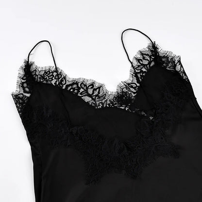 Linad Sexy Black Backless Lace Camisole Women Street Chic Spaghetti Strap Tops Female Casual Patchwork Silk Vest Female 2025