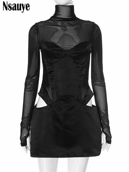 Nsauye Pullover Sexy Women Mesh Turtleneck Long Sleeve Satin Cut Out Dress Bodycon Short Club Evening Fashion Party Dress 2024