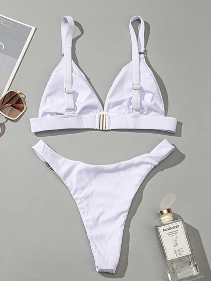 Sexy high leg cut ribbed bikini women Metal ring swimwear female swimsuit solid color bikini set padded beachwear bathing suit